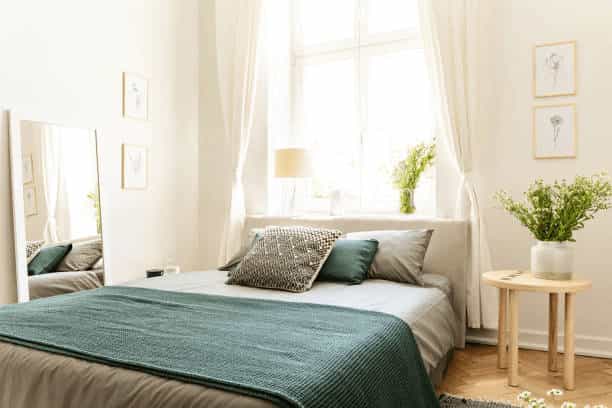 A bright, sunlit bedroom featuring a neutral color palette with white walls, a beige upholstered headboard, and a deep green textured throw blanket on the bed. A small wooden side table with a green plant sits next to the bed under a large window with sheer white curtains.