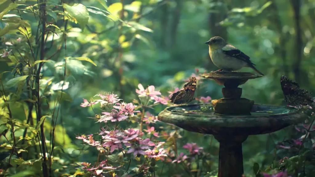 Butterflies and birds in a flower garden with lush greenery