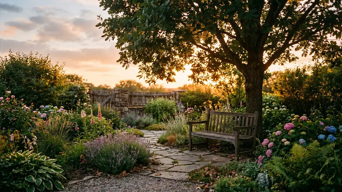 Modern garden with artistic decor, seating, and greenery at golden hour