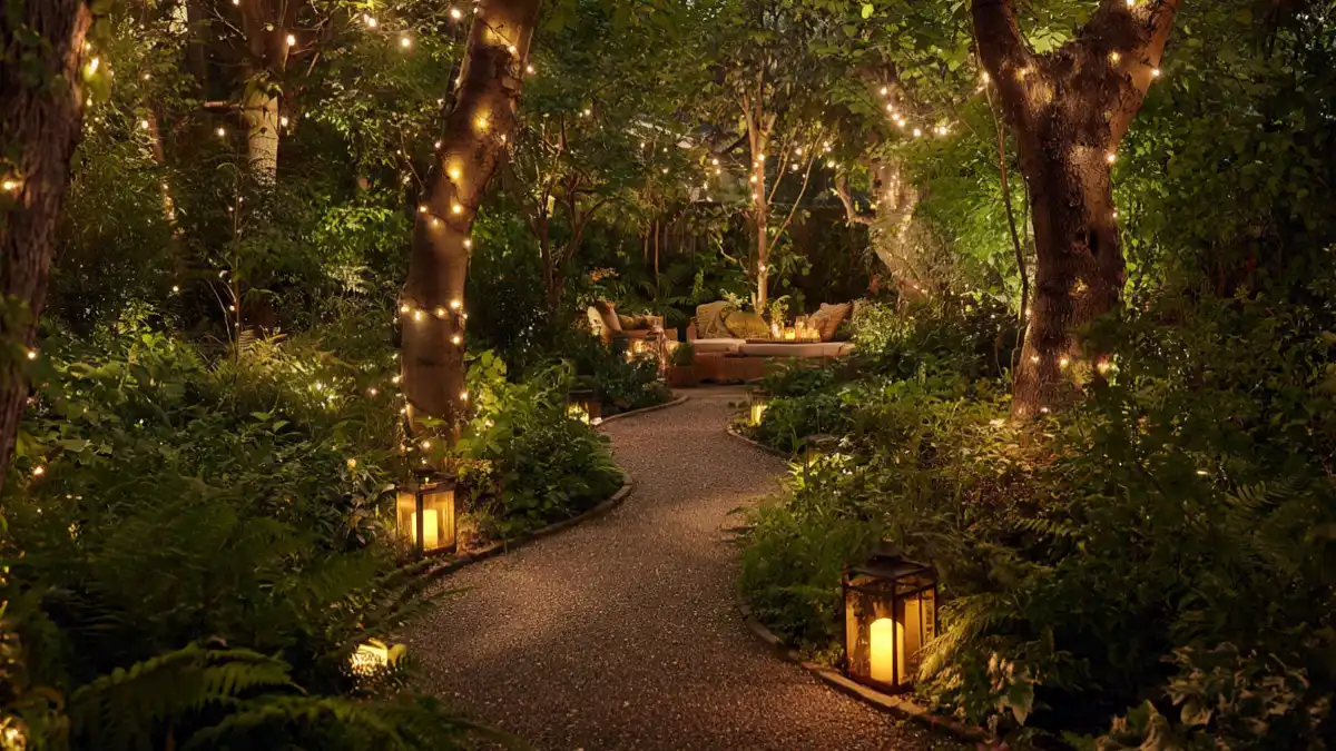 Night garden with fairy lights, lanterns, and decorative lighting along a garden pathway