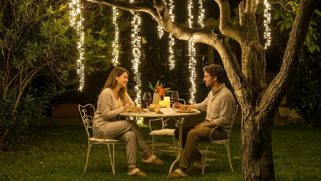 Garden illuminated with fairy lights and warm evening glow
