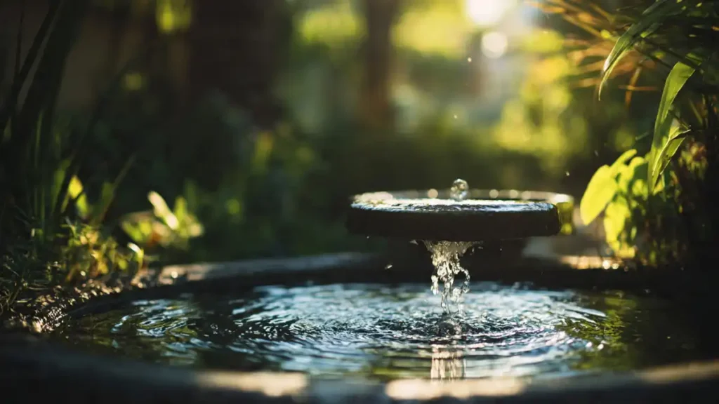 Elegant garden fountain with flowing water surrounded by plants