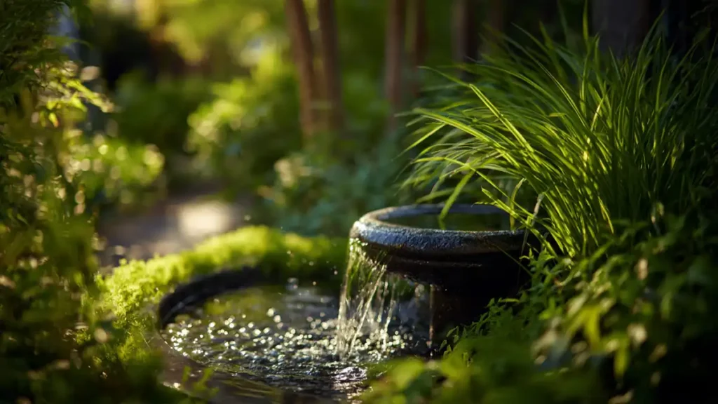 Small water fountain in lush green garden corner