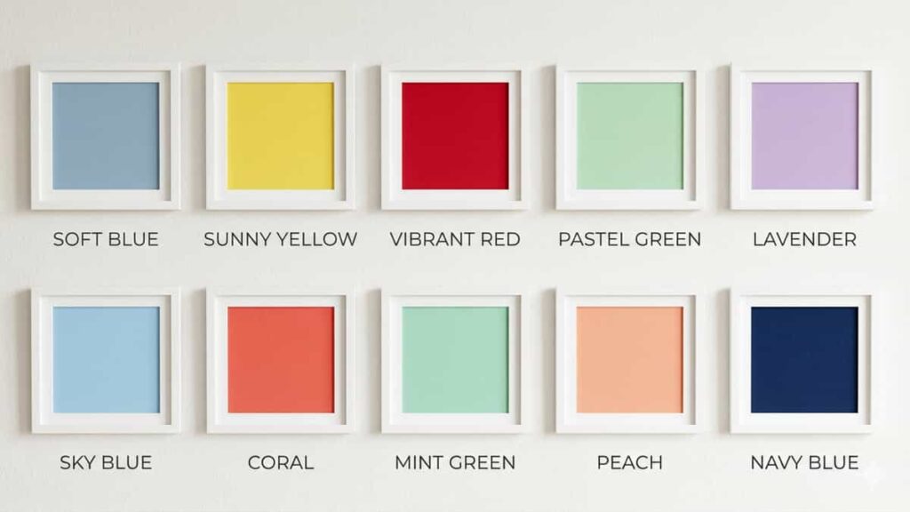 A 16:9 color plate featuring ten framed color swatches including Soft Blue, Sunny Yellow, Vibrant Red, Pastel Green, Lavender, Sky Blue, Coral, Mint Green, Peach, and Navy Blue.