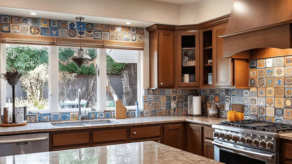 modern kitchen makeover with decorative tile backsplash wooden cabinets and large window