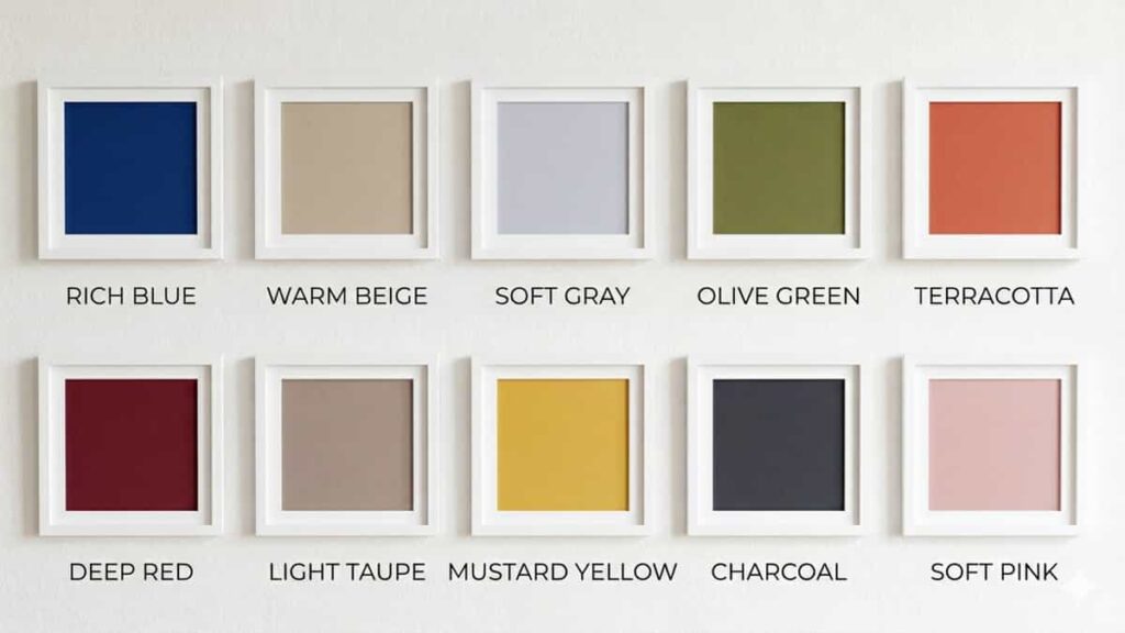 A 16:9 color plate featuring ten framed swatches for living and drawing rooms including Rich Blue, Warm Beige, Soft Gray, Olive Green, Terracotta, Deep Red, Light Taupe, Mustard Yellow, Charcoal, and Soft Pink.