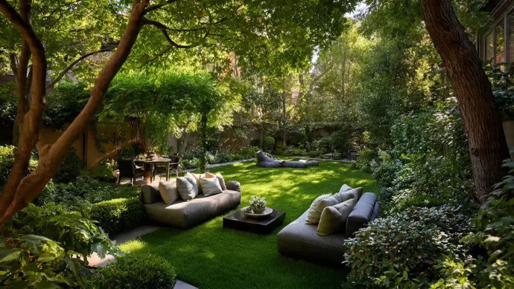 Lush garden with blooming flowers and layered greenery