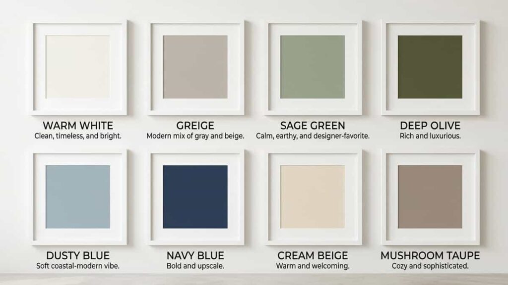 A grid of eight framed square paint swatches on a clean wall for a kitchen color palette. Top row: Warm White, Greige, Sage Green, Deep Olive. Bottom row: Dusty Blue, Navy Blue, Cream Beige, Mushroom Taupe. All frames have names and descriptions below them.