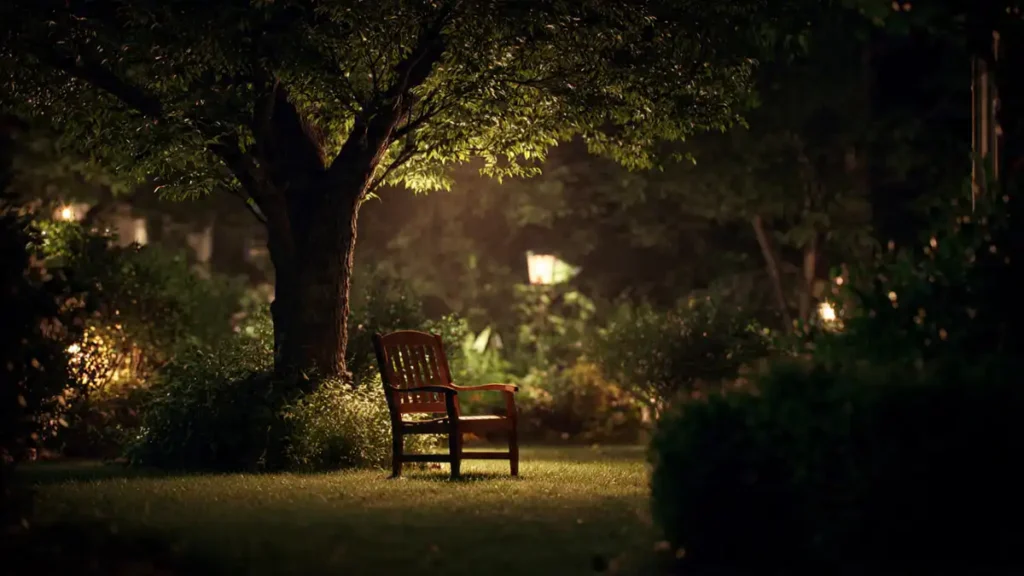 Quiet garden at night with soft lighting and wooden chair
