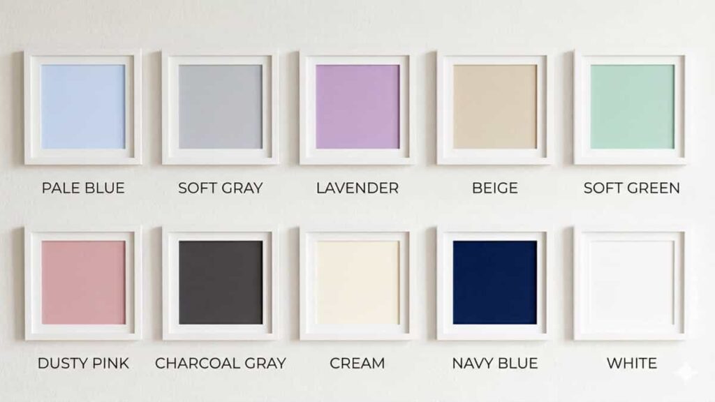 A 16:9 color plate featuring ten framed swatches for bedroom walls including Pale Blue, Soft Gray, Lavender, Beige, Soft Green, Dusty Pink, Charcoal Gray, Cream, Navy Blue, and White.