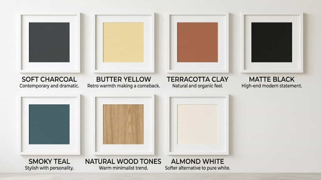 A grid of seven framed square material and color swatches on a clean wall for a kitchen color palette. Top row: Soft Charcoal, Butter Yellow, Terracotta Clay, Matte Black. Bottom row: Smoky Teal, Natural Wood Tones, Almond White. All frames have names and descriptions below them.