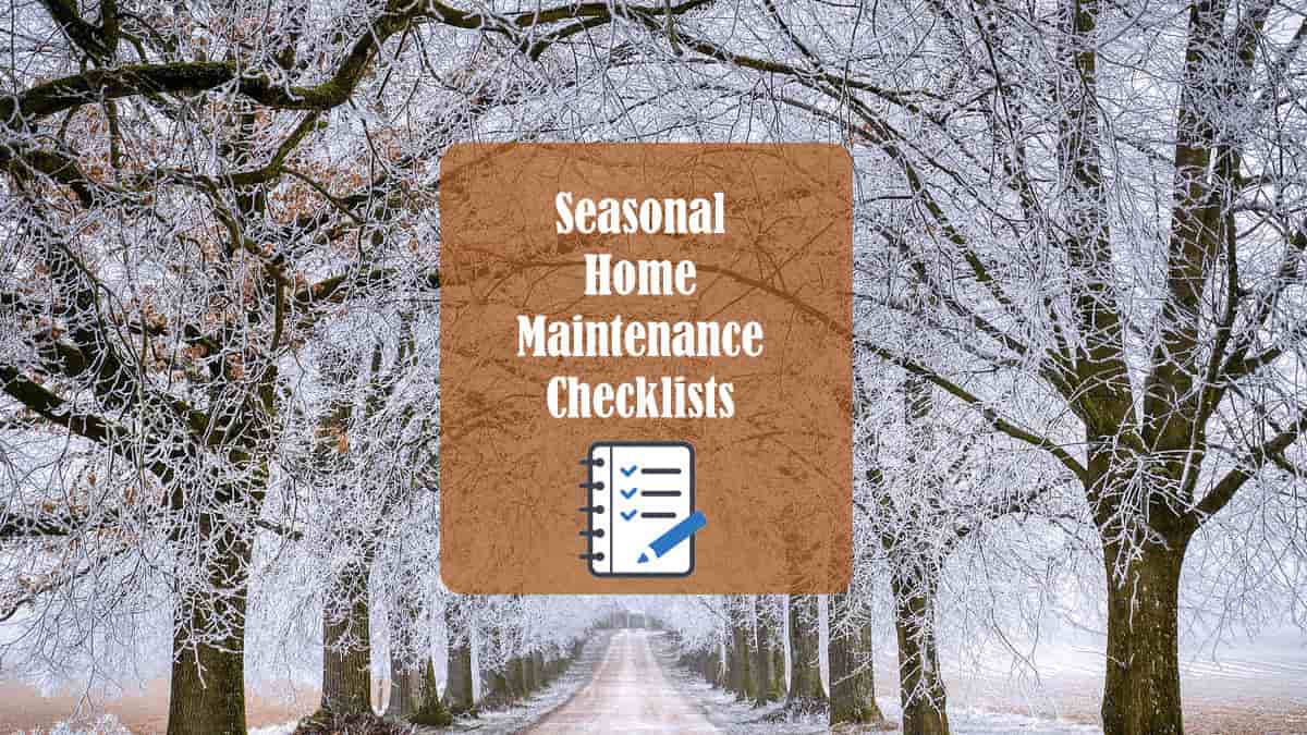 seasonal home maintenance checklist winter tasks with snow covered trees and pathway