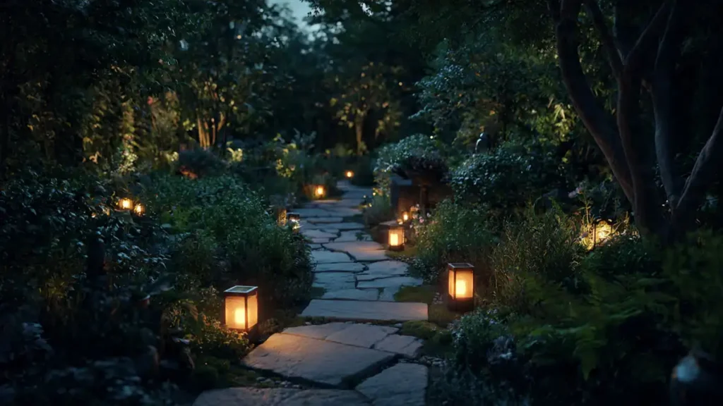 Solar lights along garden pathway at night