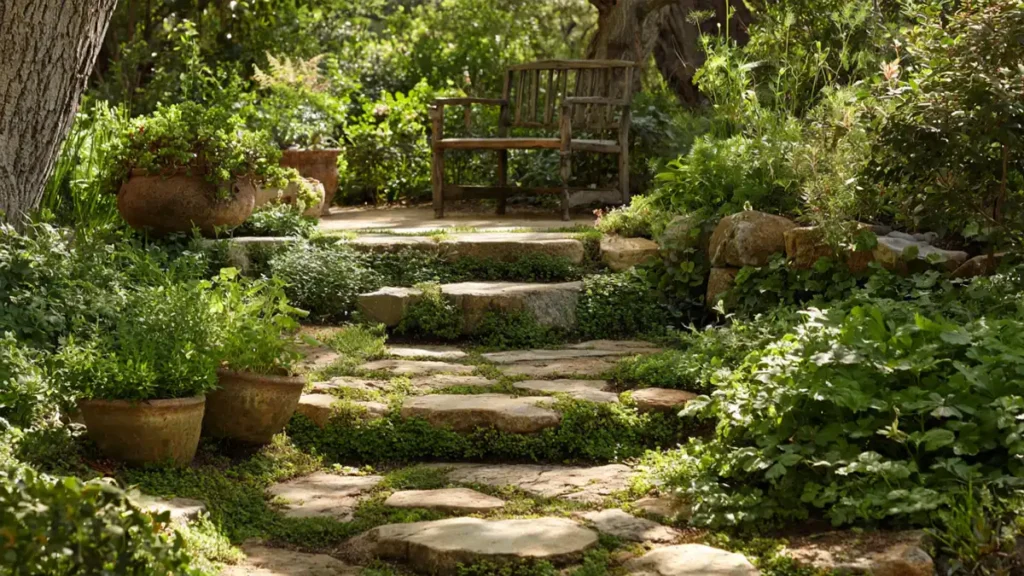 Stone pathway and wooden bench in natural garden setting