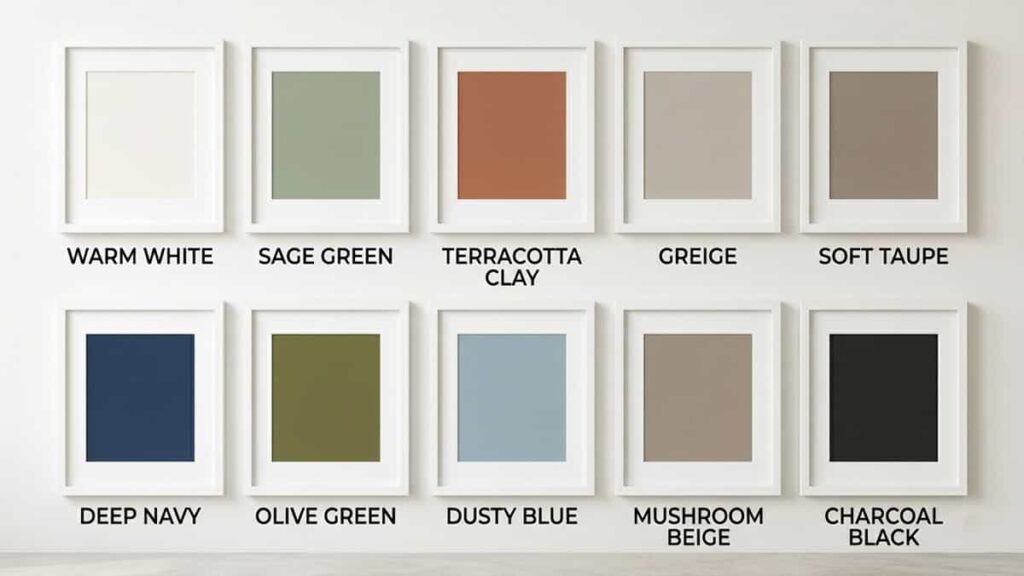 A professional palette guide showing 10 trending bathroom colors in framed swatches. Includes Warm White, Sage Green, Terracotta Clay, Greige, Soft Taupe, Deep Navy, Olive Green, Dusty Blue, Mushroom Beige, and Charcoal Black.