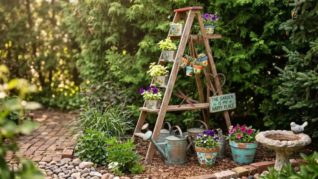 Vintage and handmade decor items in garden setting