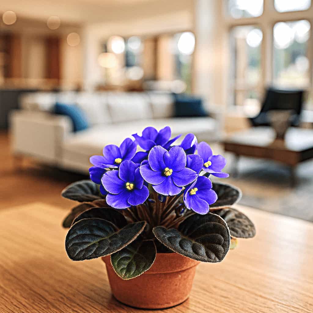 African Violet Saintpaulia Close-up of a potted African violet with purple flowers on a wooden table in a modern, sunlit living room