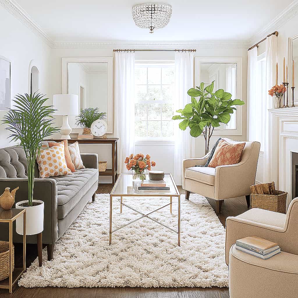 Bamboo Palm (Chamaedorea seifrizii) in a white planter beside a velvet sofa in a softly lit, elegant living room.
