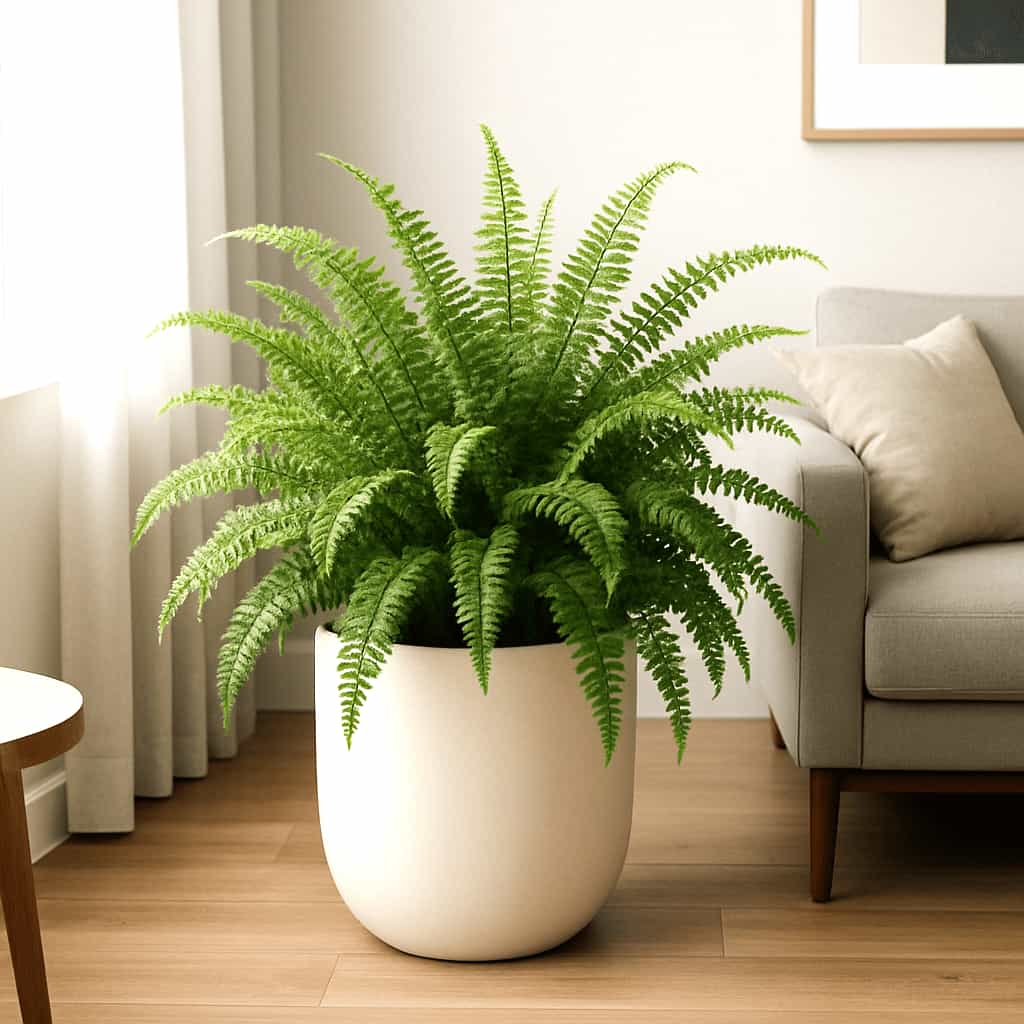 A lush Boston fern in a ceramic planter placed in a modern living room with soft natural light and neutral decor.