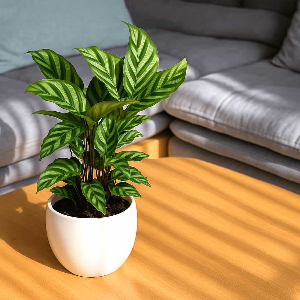 A Calathea plant with striped green leaves in a white ceramic pot on a wooden coffee table, styled in a modern living room.