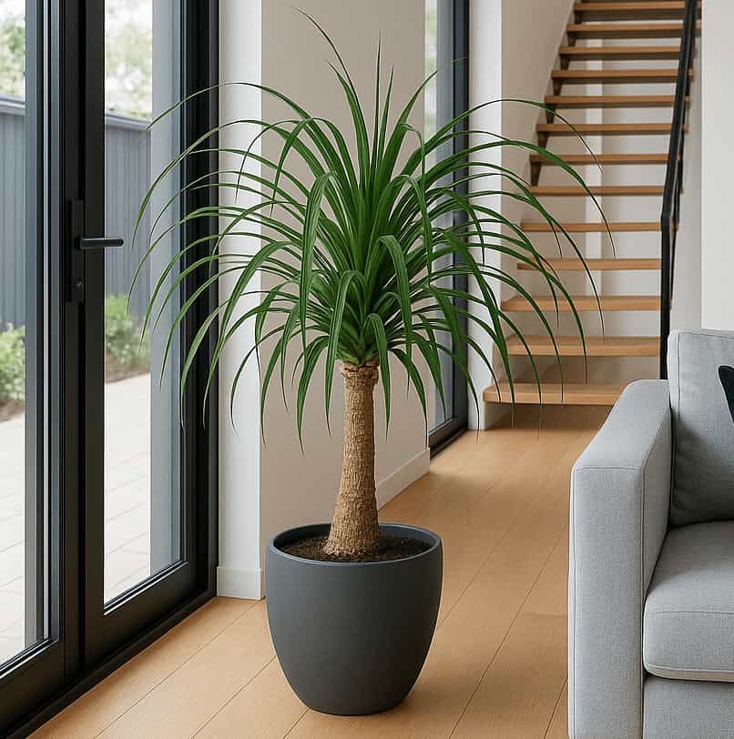 Ponytail palm in a dark gray matte pot placed near a glass door in a modern minimalist living room with wood flooring.