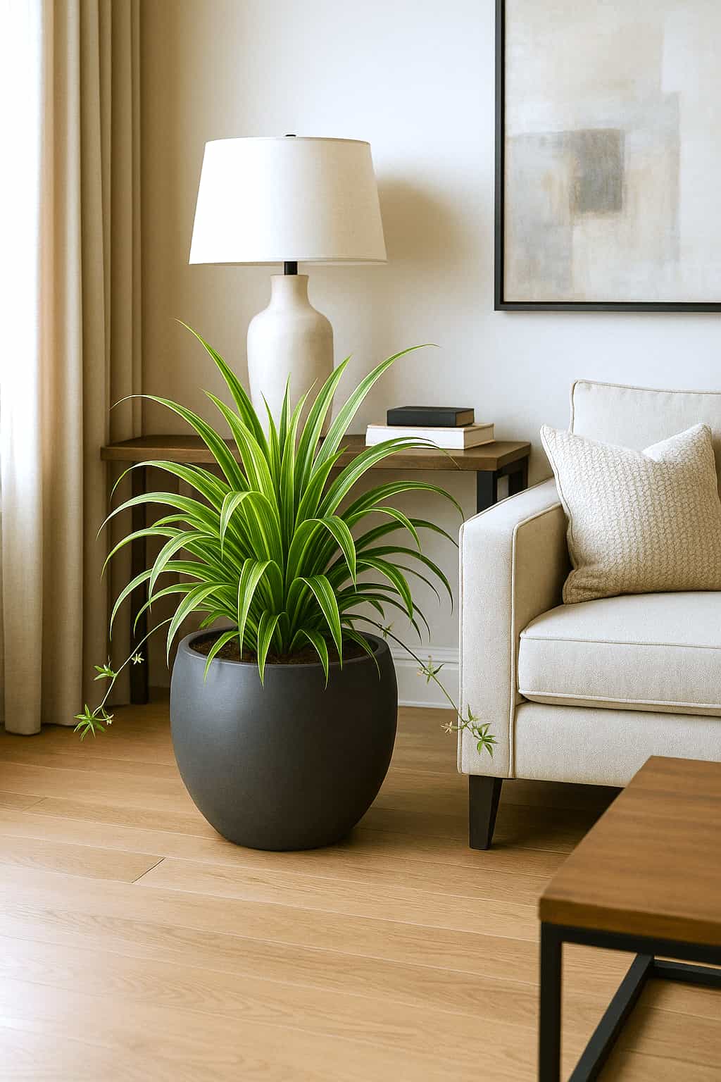 Spider Plant (Chlorophytum comosum) Spider plant in a matte dark grey pot placed beside a beige sofa in a modern, light-filled drawing room.