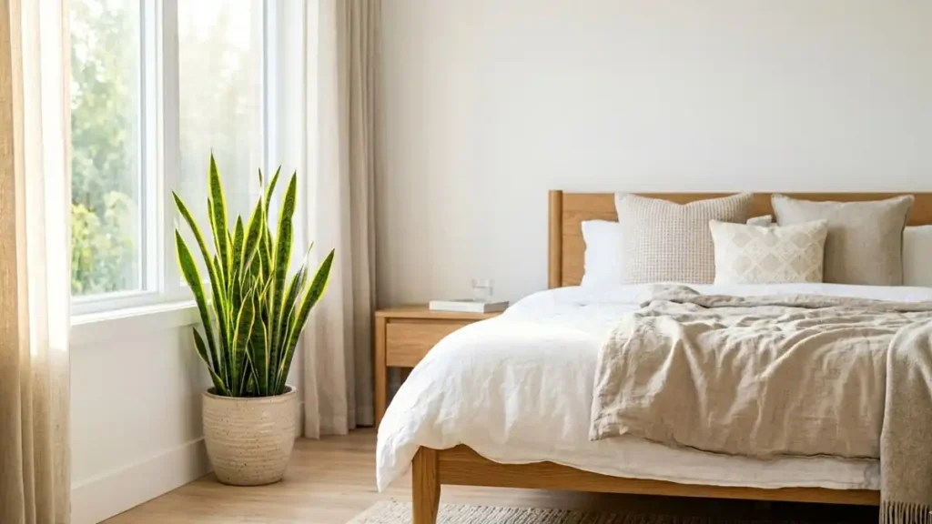Healthy snake plant placed near a sunny bedroom window in a modern home