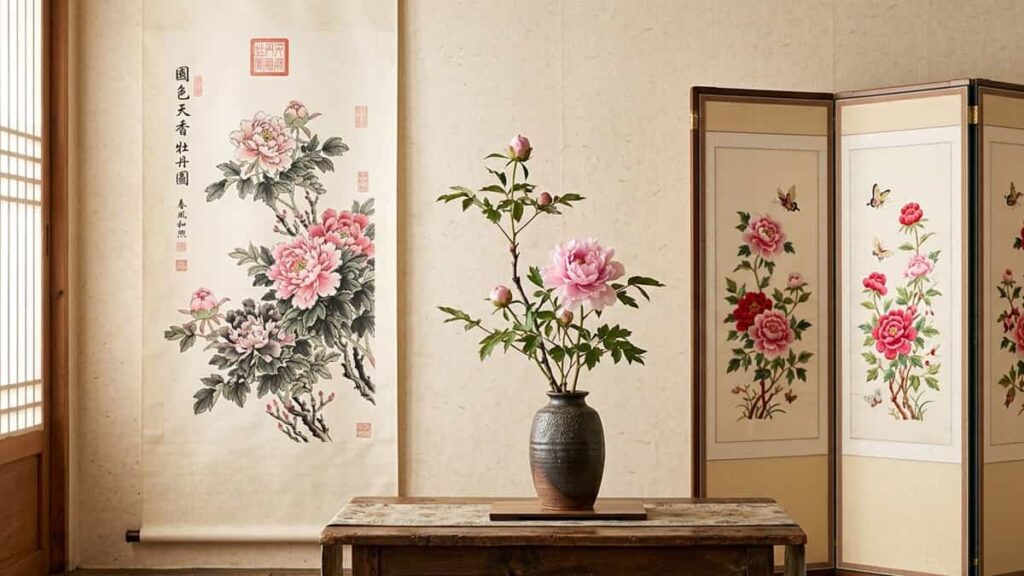 Chinese ink painting, Japanese ikebana, and Korean silk screen featuring peonies.