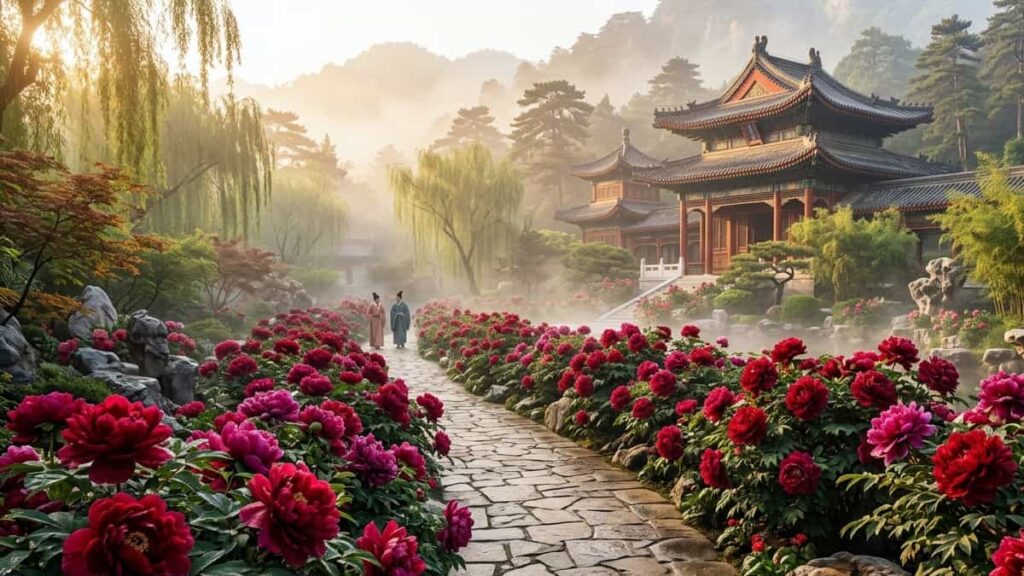 Tang Dynasty-style imperial garden with deep-red peonies, a stone path, and a traditional Chinese pavilion.