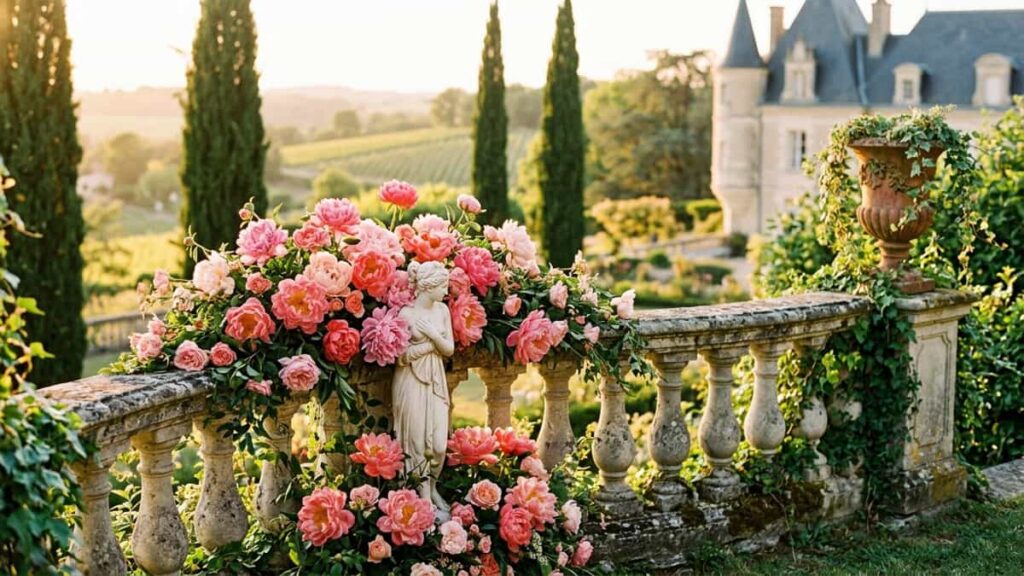 French château garden with pink and coral peonies, Italian cypress trees, and a Greek statue of Aphrodite.