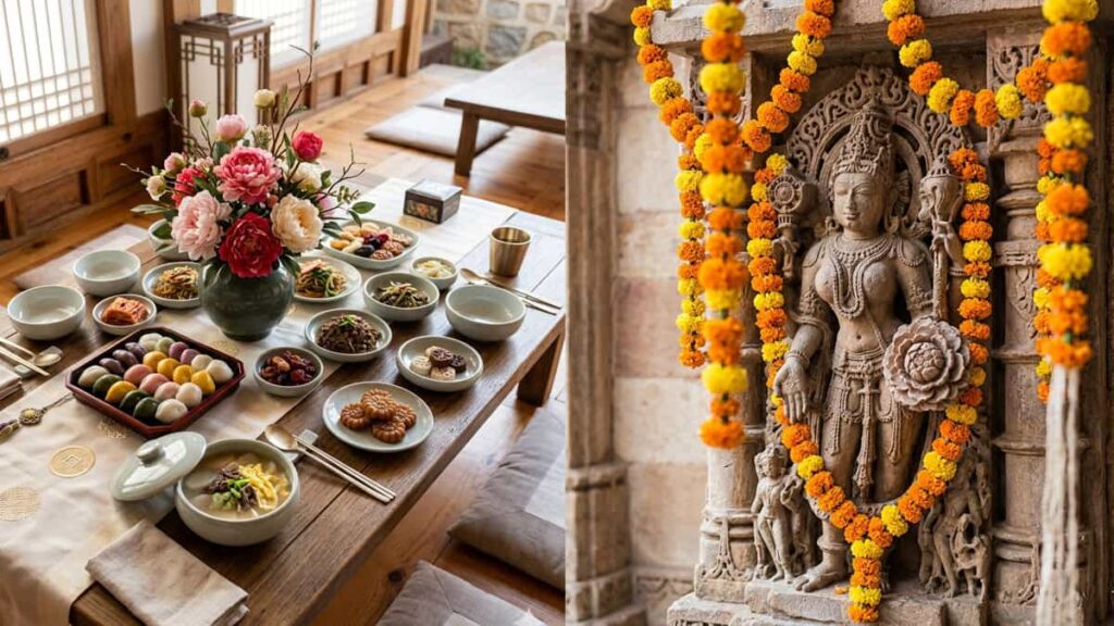 Korean Lunar New Year table with silk peony decoration and Indian temple carving of a goddess holding a peony-like flower.