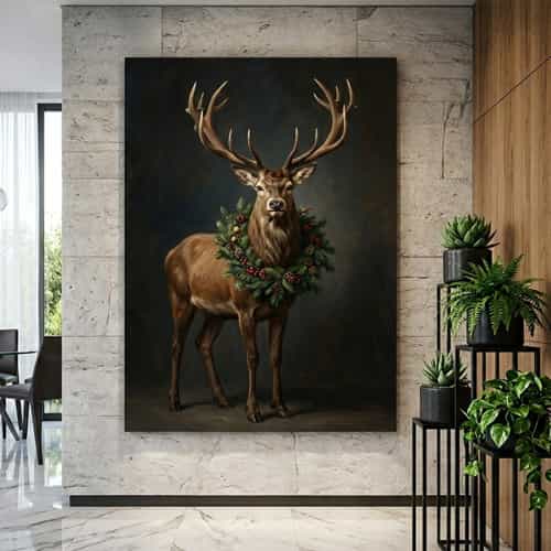 Vertical canvas painting of a regal stag with an evergreen wreath on its neck, displayed on a stone wall in a high-end modern room with marble floors and a wood-paneled wall.