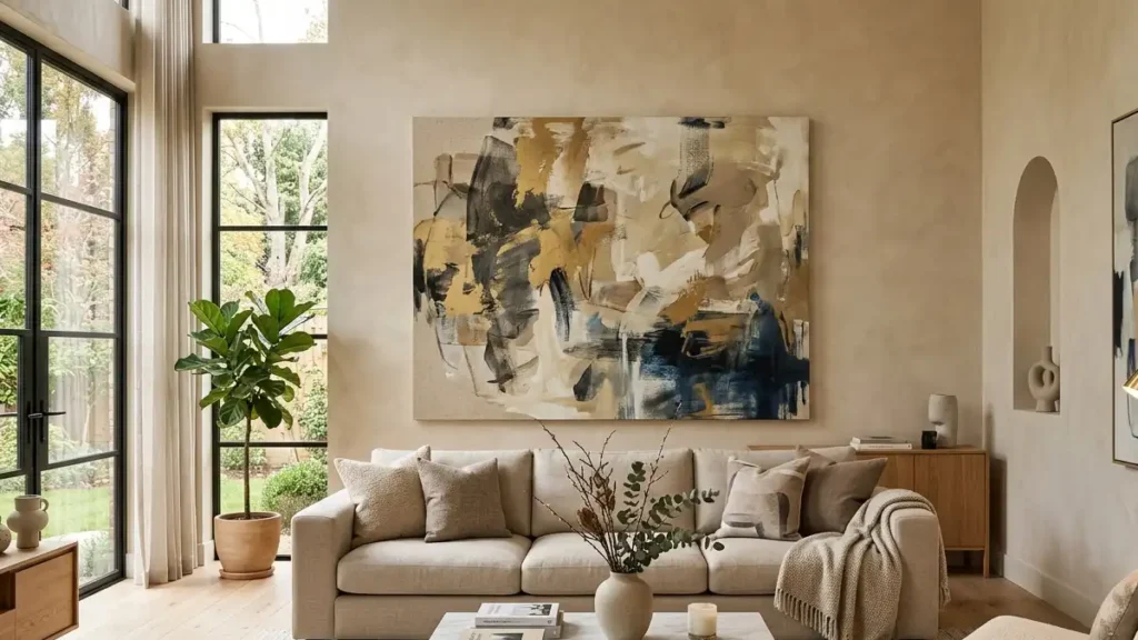 A bright, modern living room with a large horizontal abstract painting in gold, navy, and beige hanging above a cream-colored sofa. The room features high ceilings, a potted fiddle-leaf fig, and warm minimalist decor.