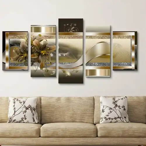 Modern minimalist living room featuring a 5-panel gold and bronze floral wall art above a beige mid-century modern sofa with botanical pillows.