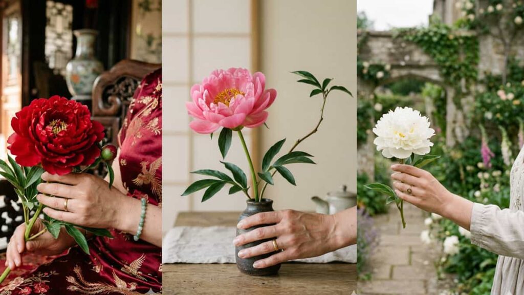 Three hands of different skin tones holding red, pink, and white peonies blended into a world map made of petals.