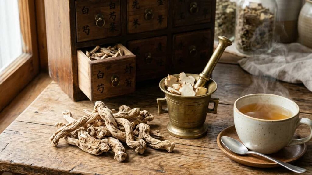 Dried peony roots on a wooden table with a Chinese herbal drawer, mortar and pestle, and a cup of peony root tea.