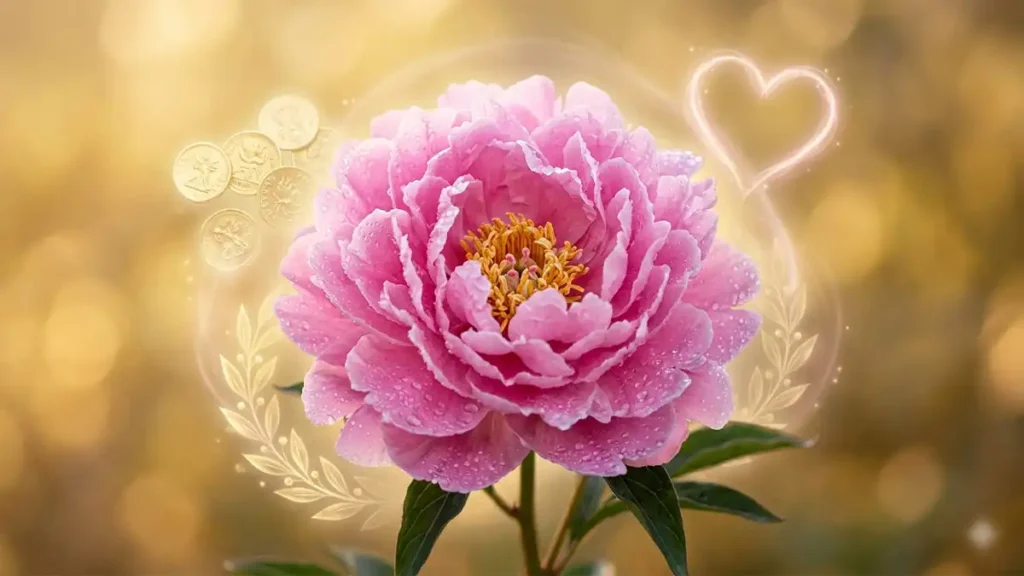 Close-up of a pink peony with dewdrops and faint symbols of prosperity, love, and honor floating around it.