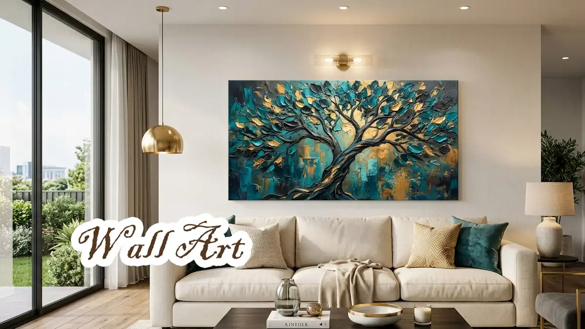 Modern living room featuring a large teal and gold tree canvas wall art above a beige sofa