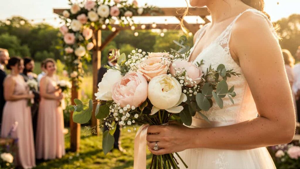 Bride’s hands holding a rustic bridal bouquet of blush and white peonies at an American garden wedding.