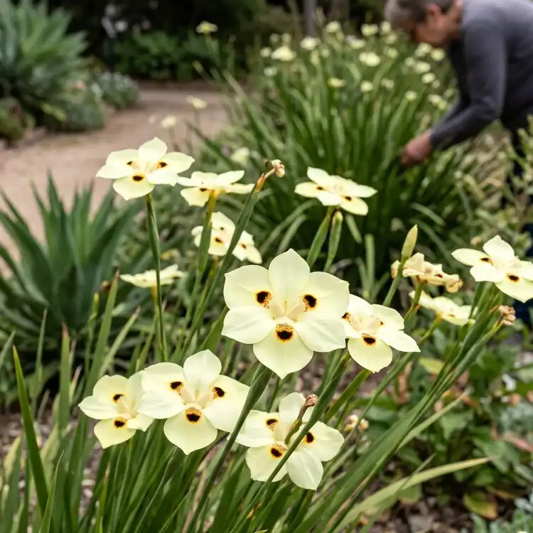 Clump of yellow Dietes bicolor flowers with dark center spots in a garden setting.