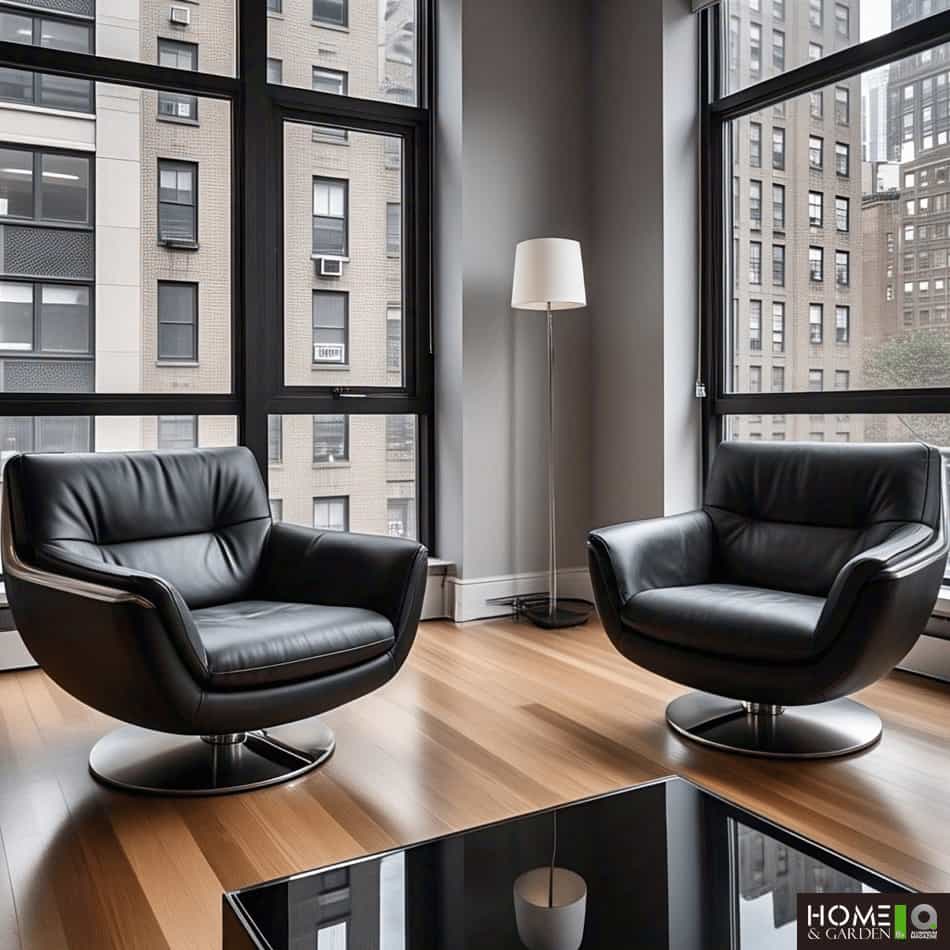 Contemporary seating area with two black leather armchairs and a tall floor lamp.
