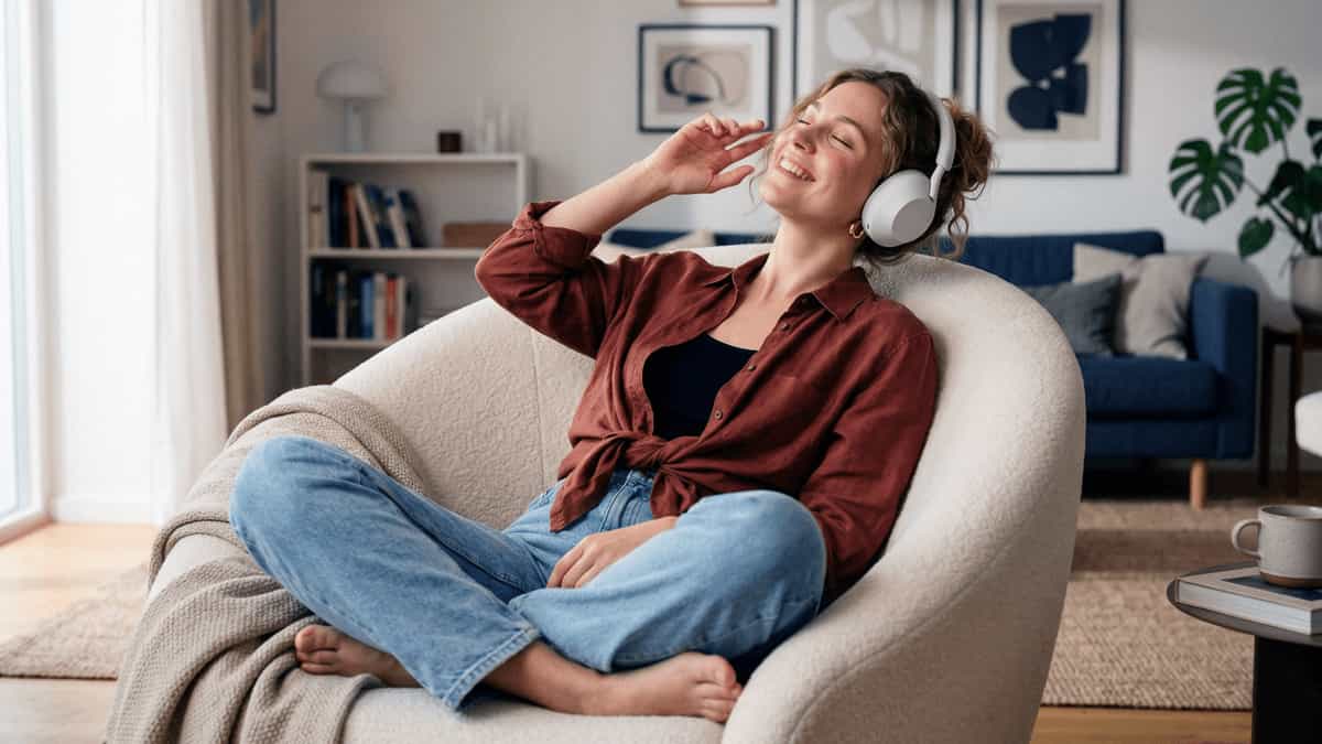 Woman relaxing in a stylish accent chair with headphones, enjoying comfort and support.
