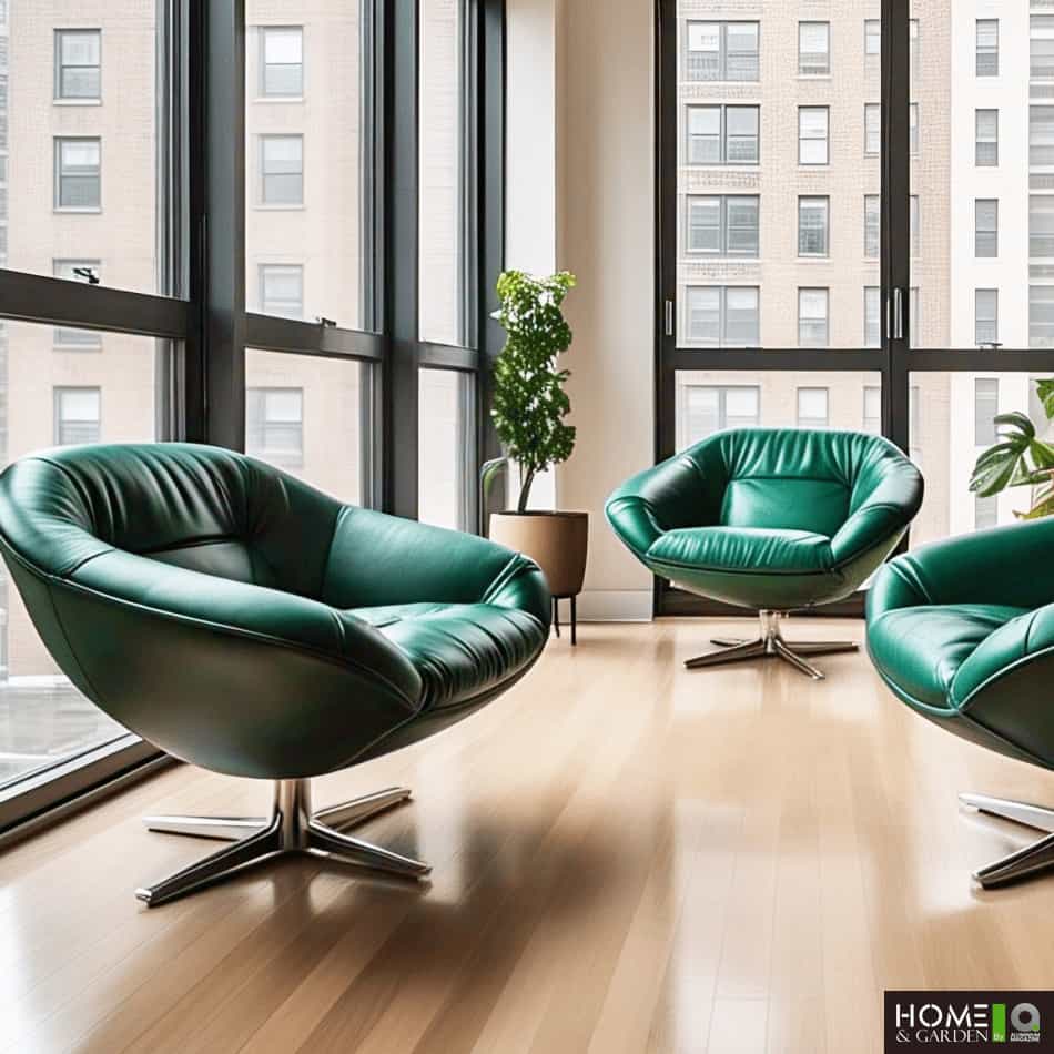 Modern lounge area with three green leather swivel chairs and large glass windows.