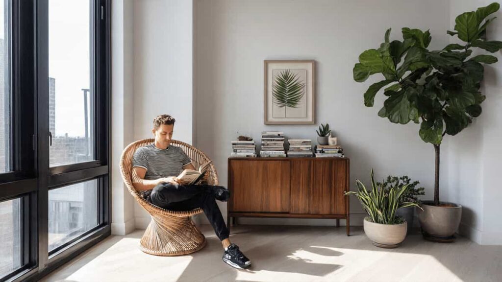 Man sitting on a stylish rattan accent chair in a modern small New York apartment with natural light and minimalist decor