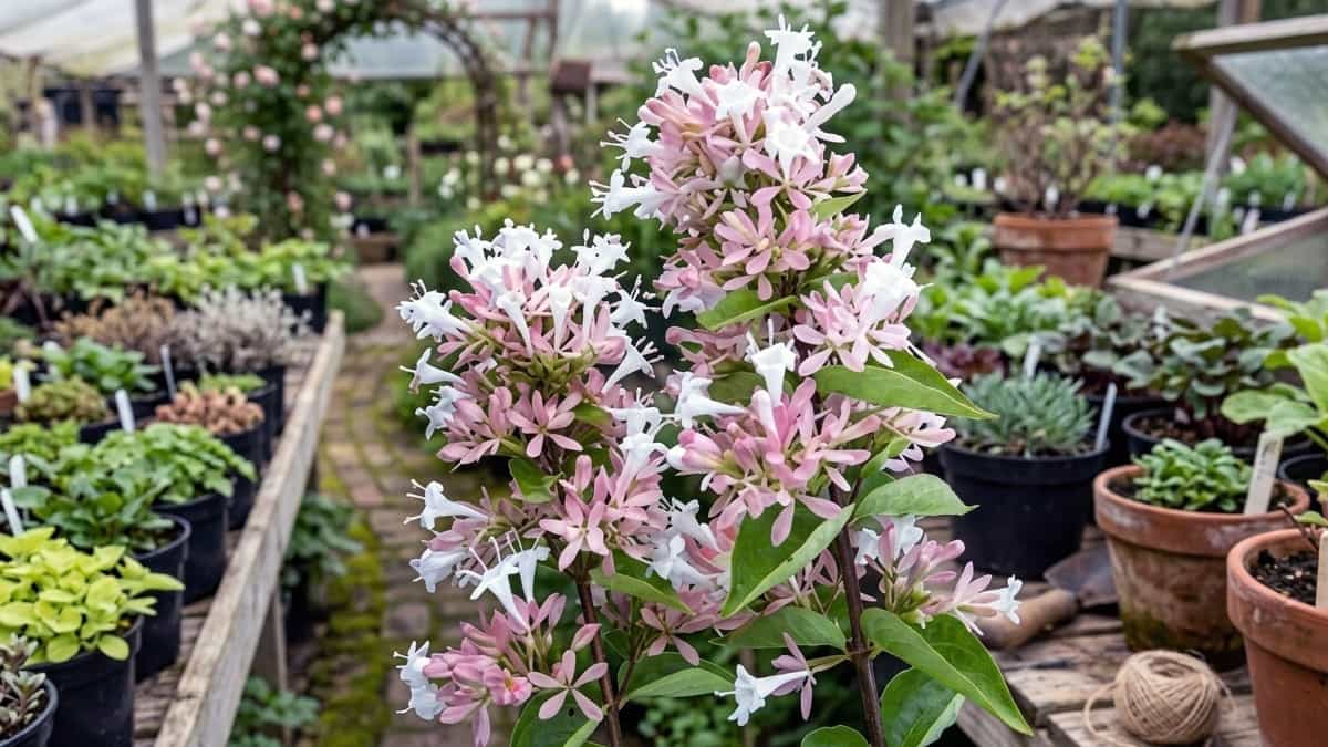 Close-up of fragrant pink and white Abelia flowers in a greenhouse nursery setting with potted plants in the background.