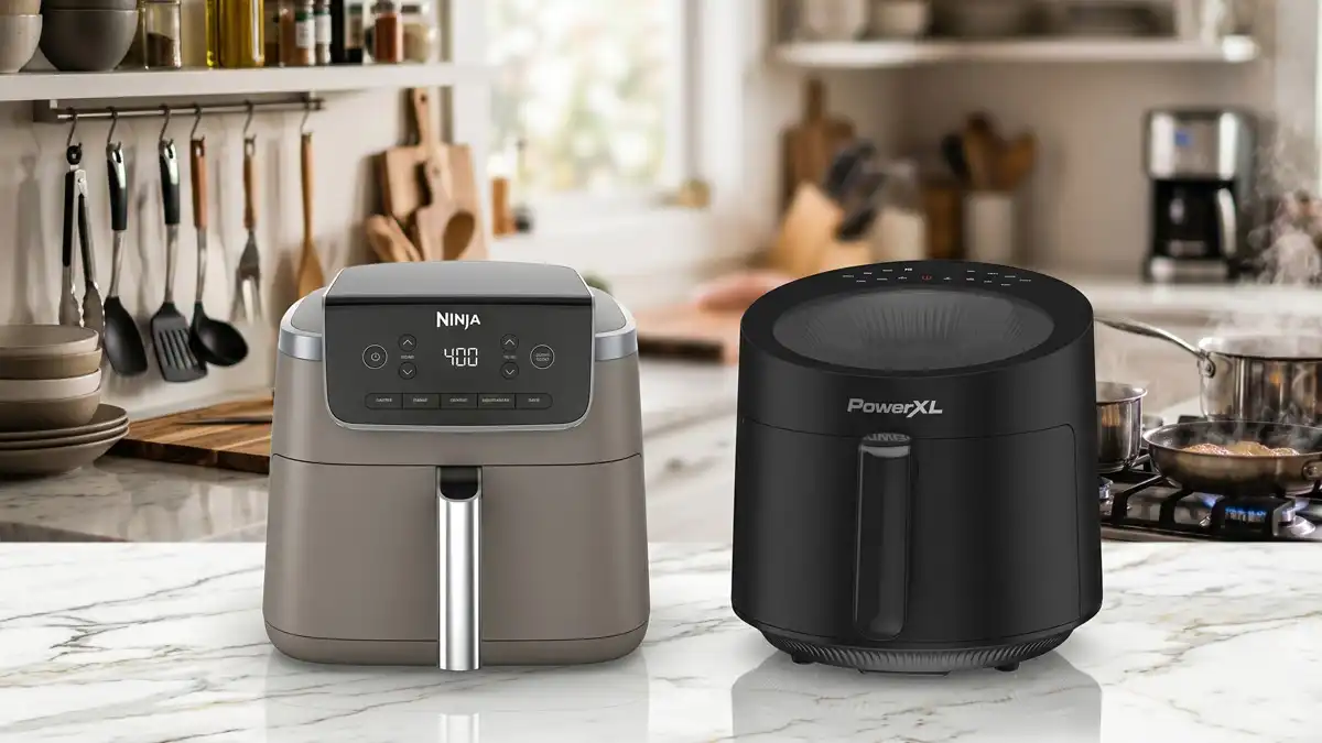 A Ninja Air Fryer Pro and a PowerXL Luminex air fryer sitting side-by-side on a white granite kitchen countertop in a busy kitchen.