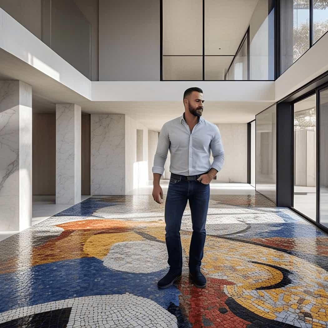 Man standing on a colorful modern mosaic tile floor in a minimalist architectural space with large windows and marble walls.