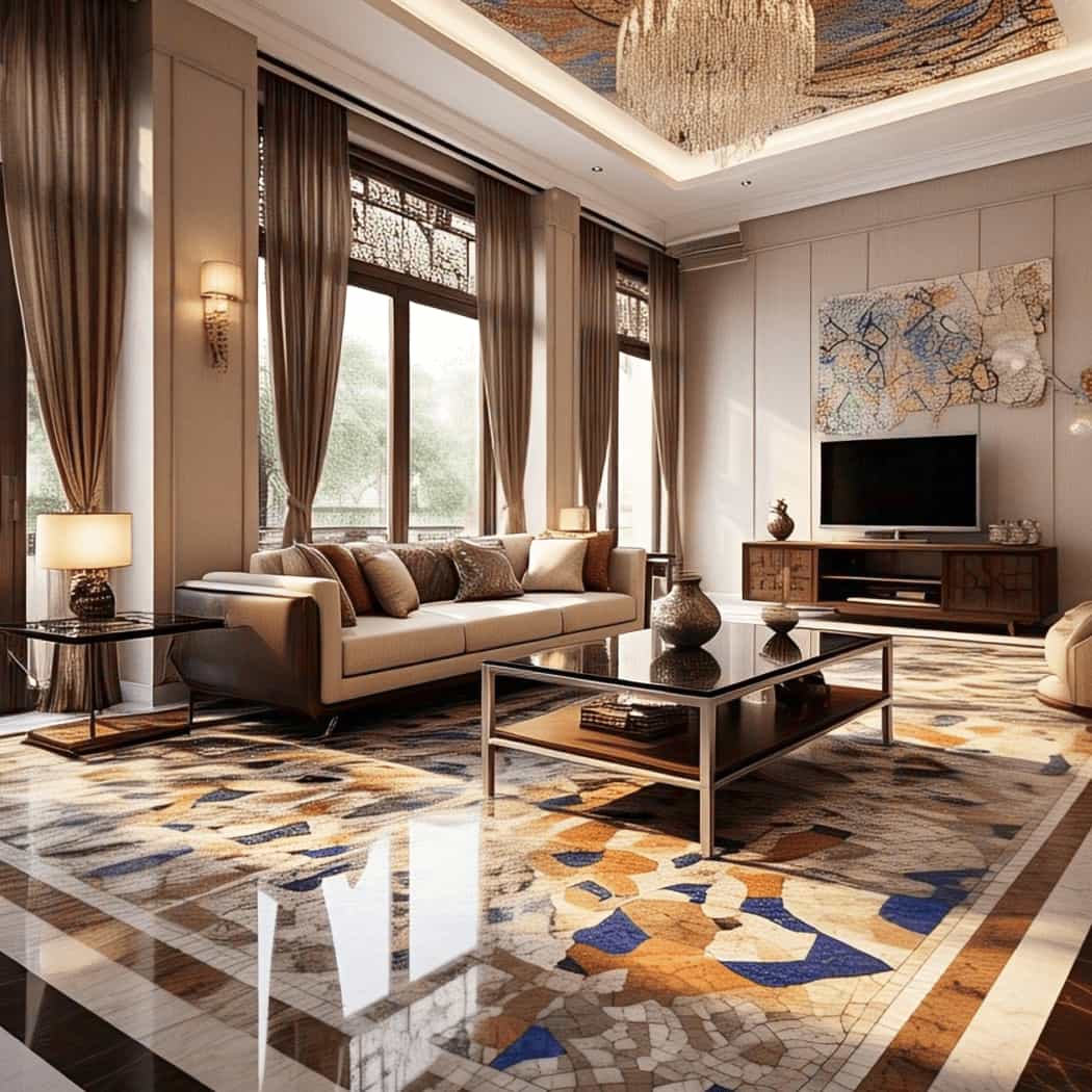 Luxury living room with intricate mosaic tile floor in warm earth tones, accented by elegant furniture and soft drapery.