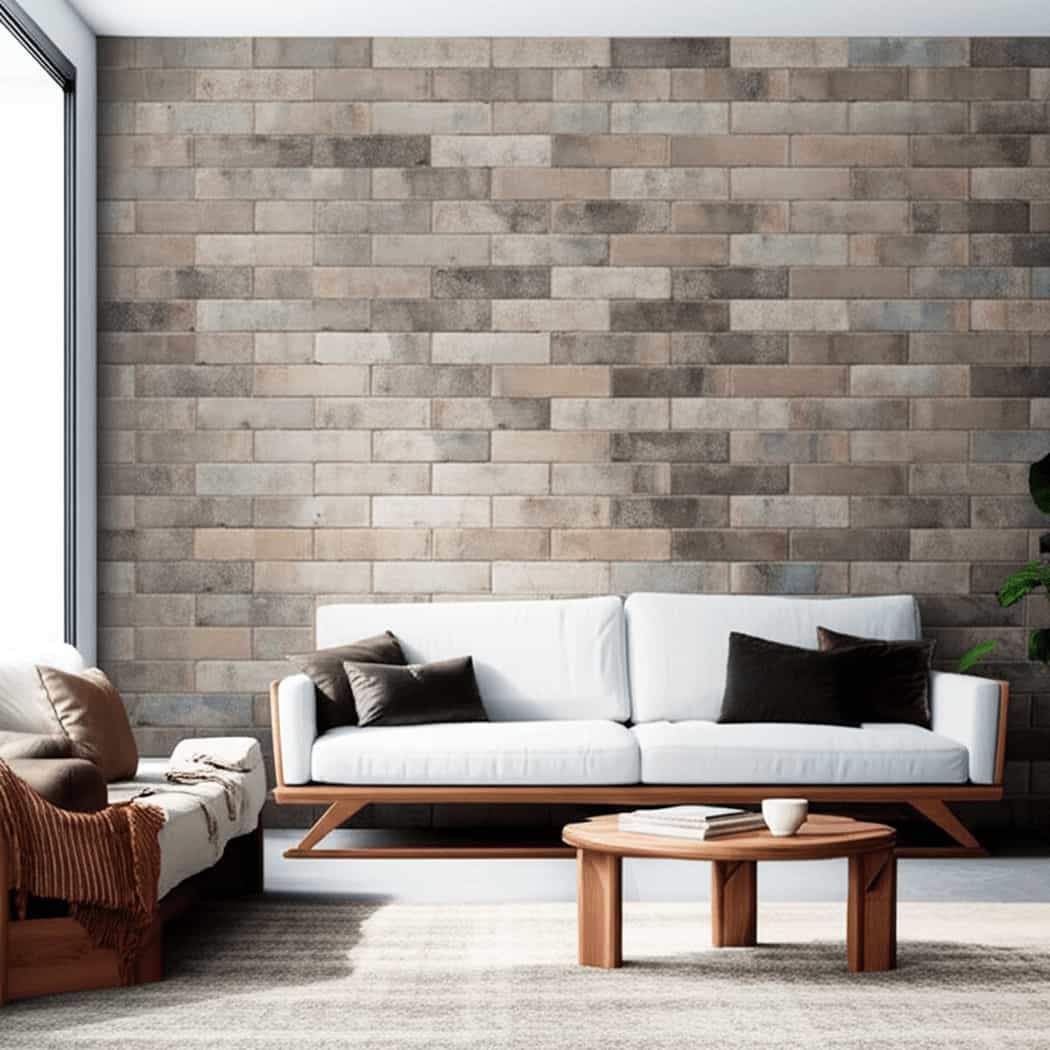 Textured neutral stone wall tiles used in a modern living room, suitable for toilet and bathroom walls as well.