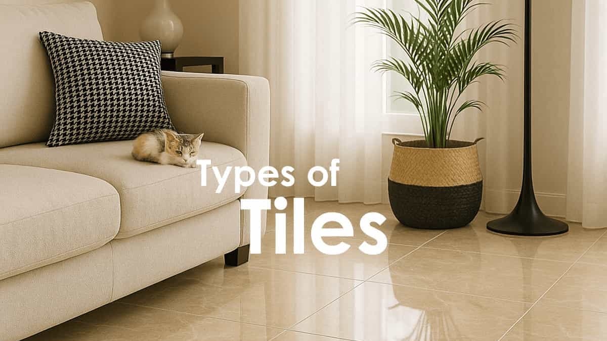 Modern living room with glossy beige floor tiles and a cat on a cream sofa